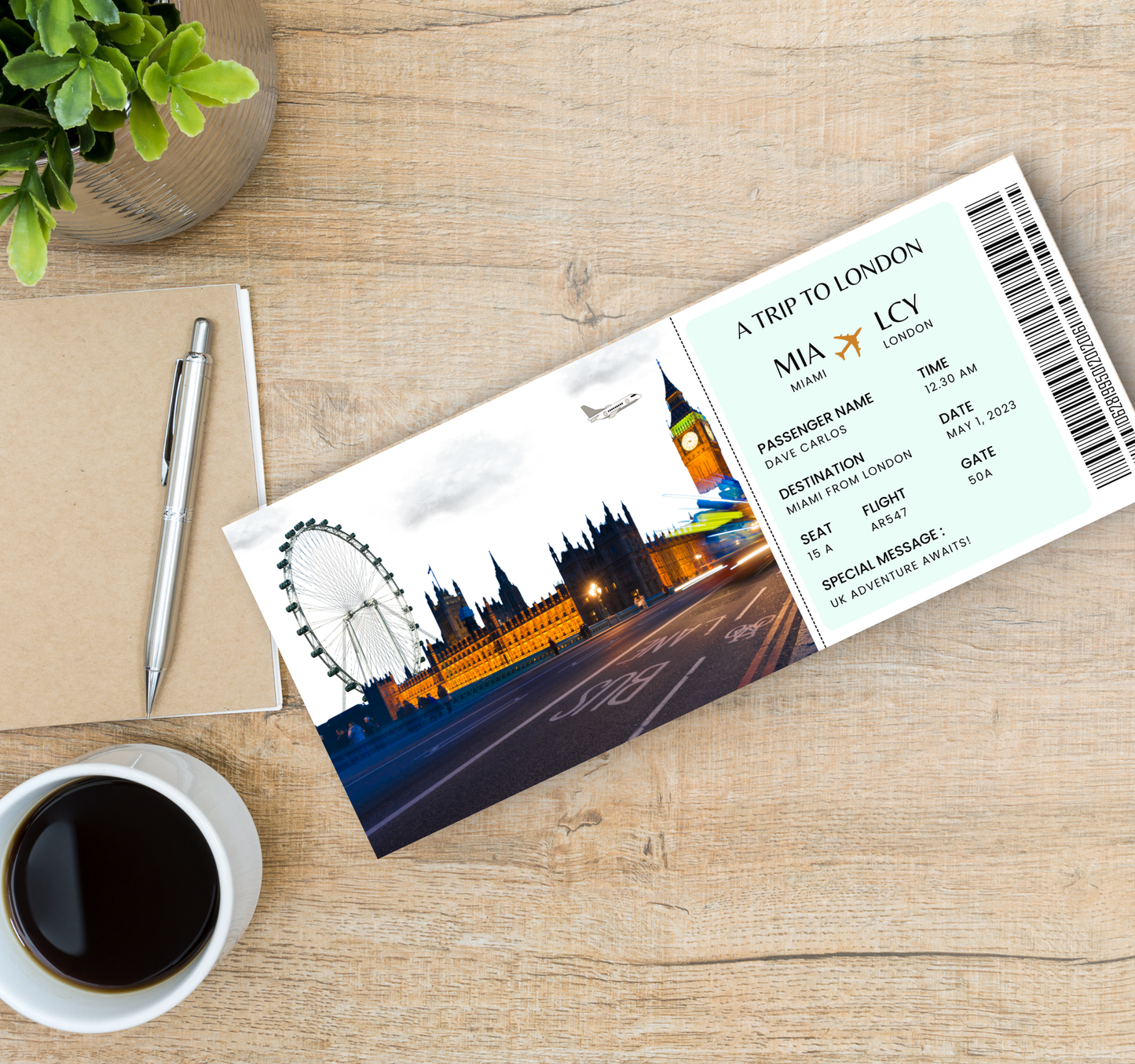 London Boarding Pass & Ticket Template | Editable Canva Travel Invite & Event Ticket Design