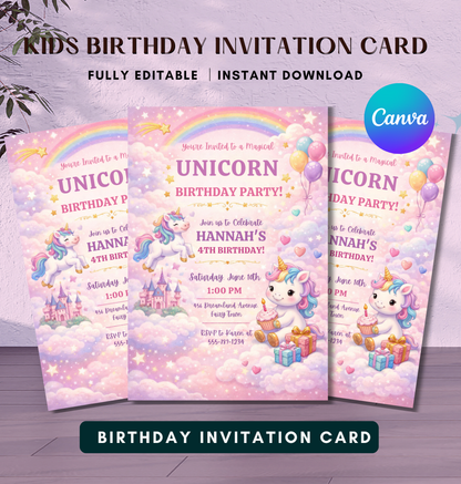 Unicorn Birthday Invitation Template | Editable Kids Magical Party Invite