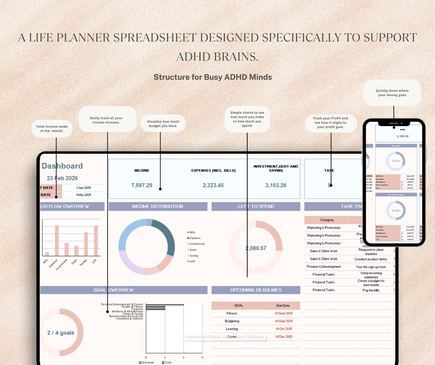 ADHD Life Planner Spreadsheet | Focus & Productivity Google Sheets Daily Task Tracker