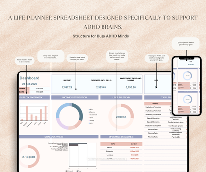 ADHD Life Planner Spreadsheet | Focus & Productivity Google Sheets Daily Task Tracker