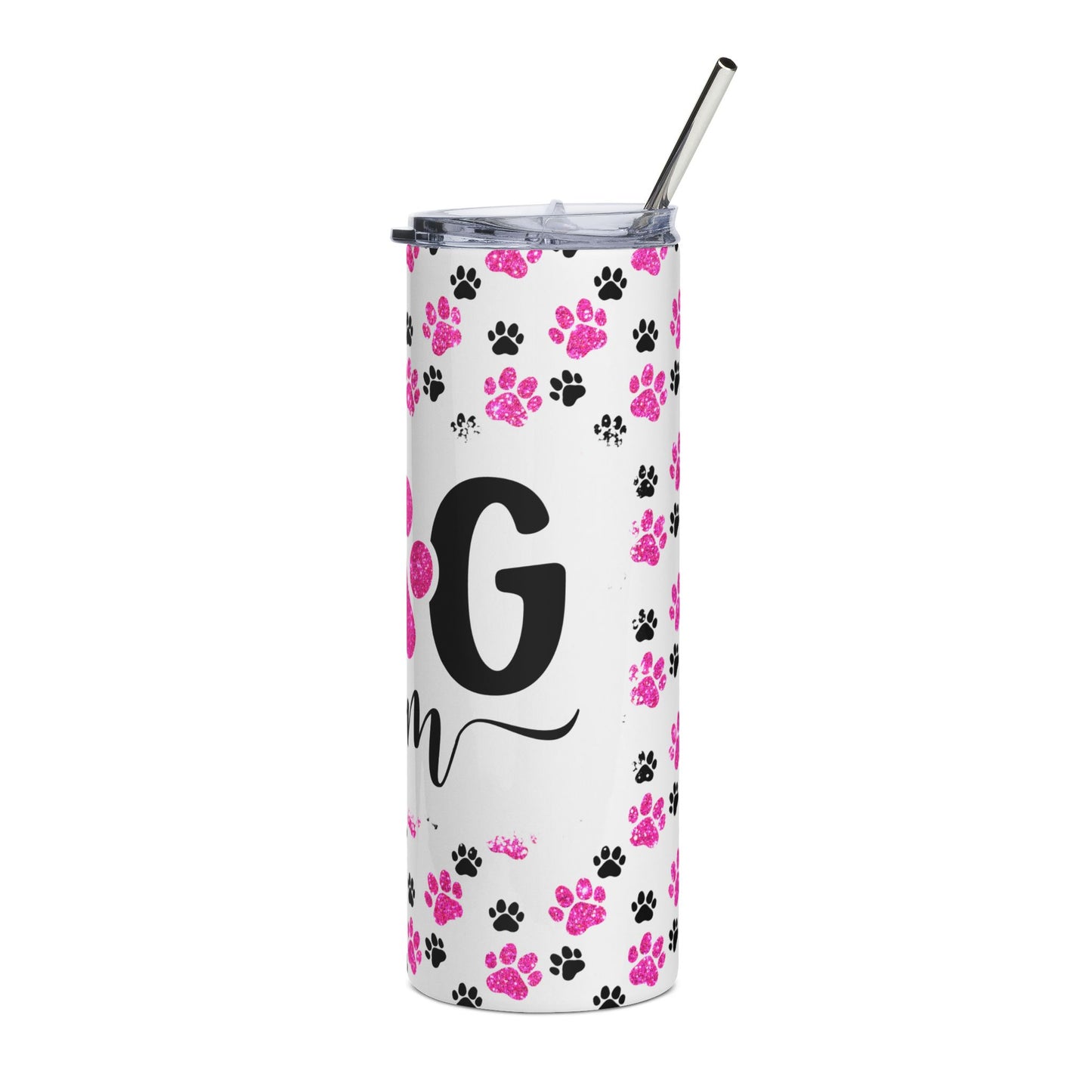 Dog Mom Stainless Steel Tumbler 20oz — Pink Paw Print Travel Cup