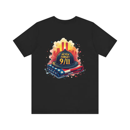 Never Forget 9/11 Memorial T-Shirt — Firefighter Helmet & Flag Tribute Tee