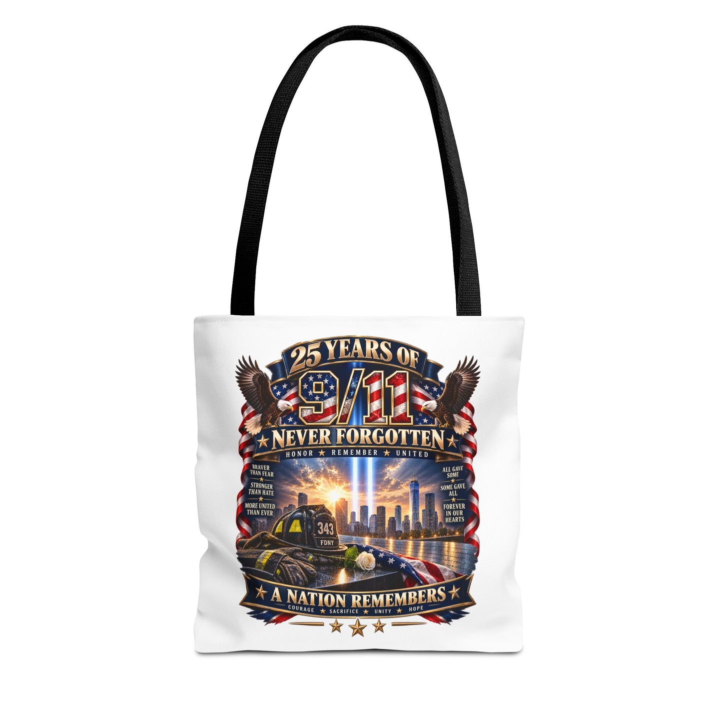 25 Years of 9/11 Never Forgotten Tote Bag – Memorial Tribute AOP