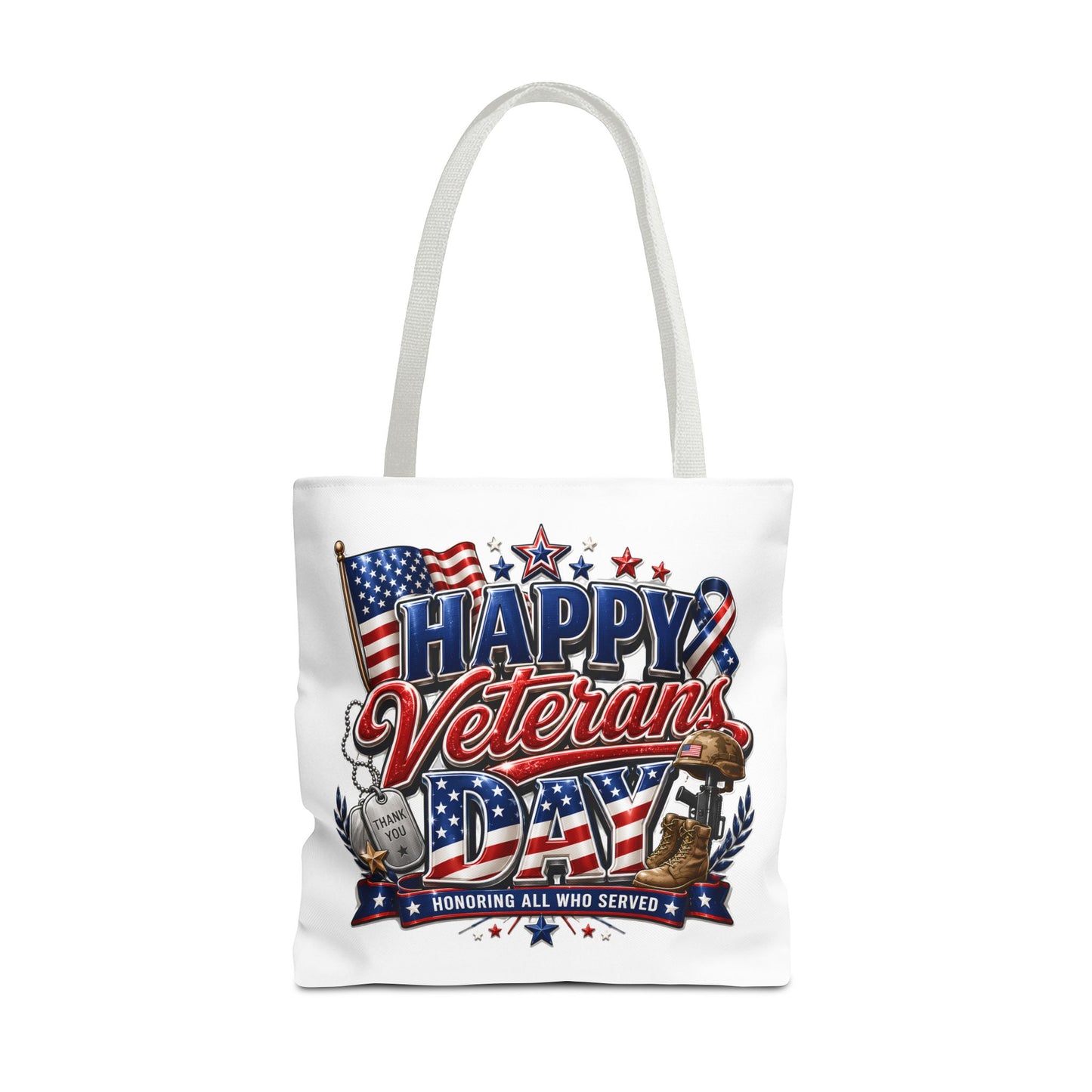 Veterans Day Tote Bag — "Happy Veterans Day" Patriotic All-Over Print