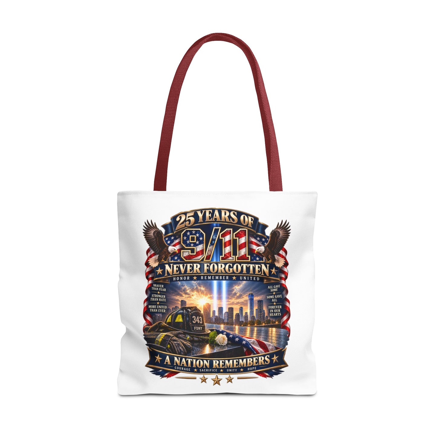 25 Years of 9/11 Never Forgotten Tote Bag – Memorial Tribute AOP