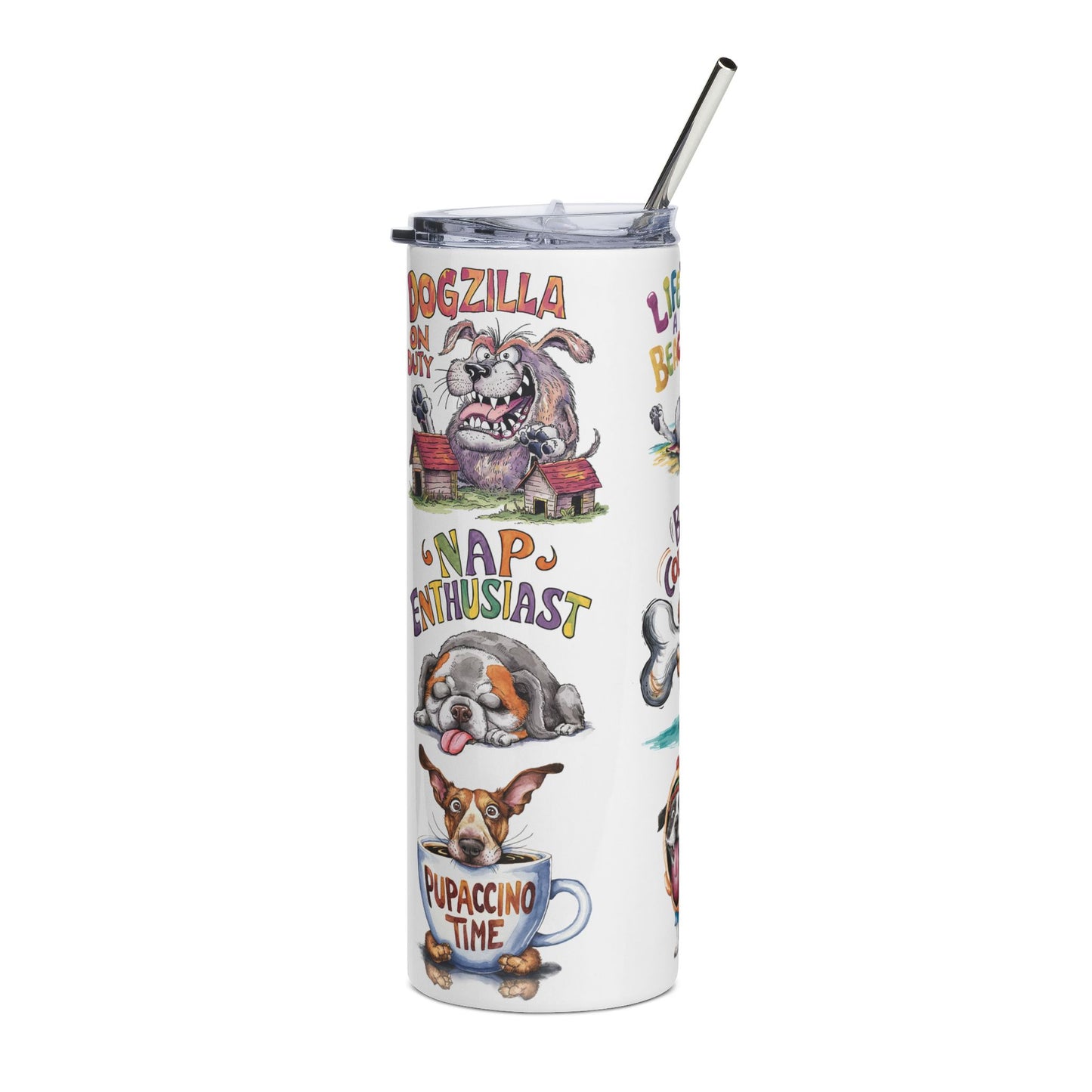 20oz Stainless Tumbler – Cute Dog Pun Collage (Life’s a Beach, Bone Collector, Hot Diggity Dog)