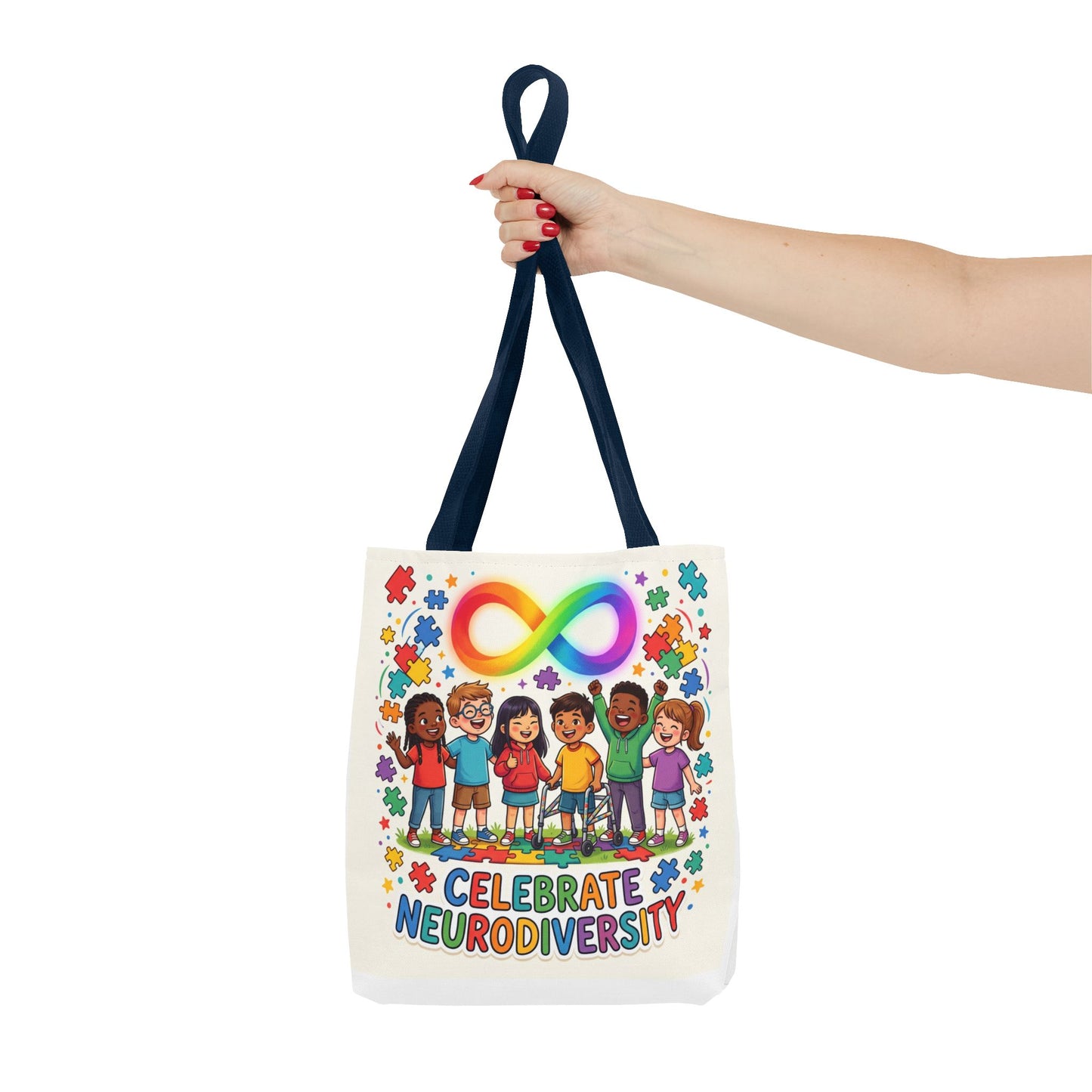 Celebrate Neurodiversity Tote Bag — Rainbow Infinity Symbol & Kids Design