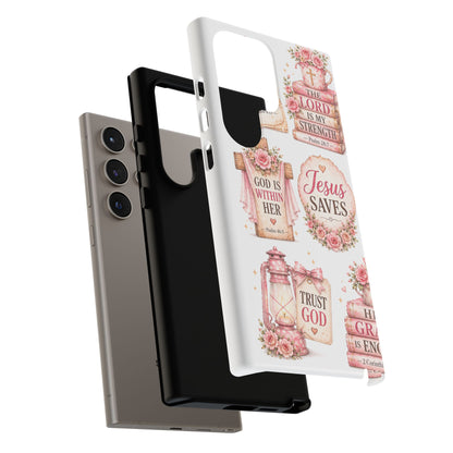 Christian Phone Case — Jesus Saves Floral Tough Case with 'God Is Within Her' & 'Trust God' Design
