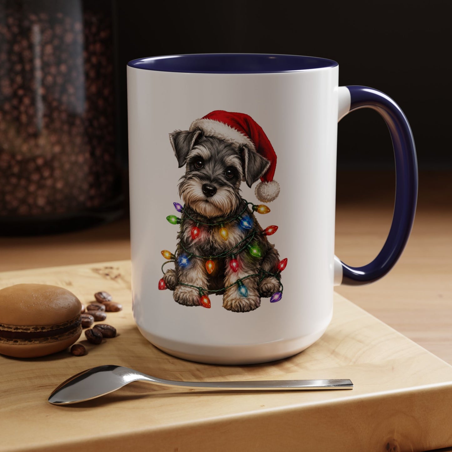 Christmas Puppy Coffee Mug — Schnauzer in Santa Hat with Holiday Lights (11/15oz)