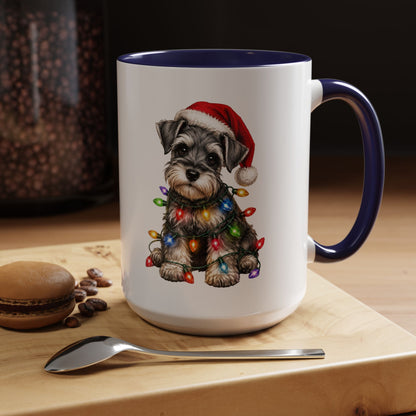 Christmas Puppy Coffee Mug — Schnauzer in Santa Hat with Holiday Lights (11/15oz)