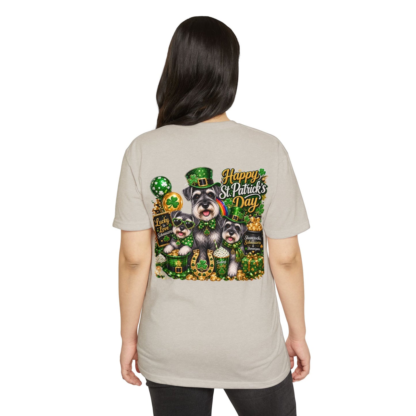 St. Patrick's Day Schnauzer T-Shirt — "Happy St. Patrick's Day" Lucky Dogs Tee