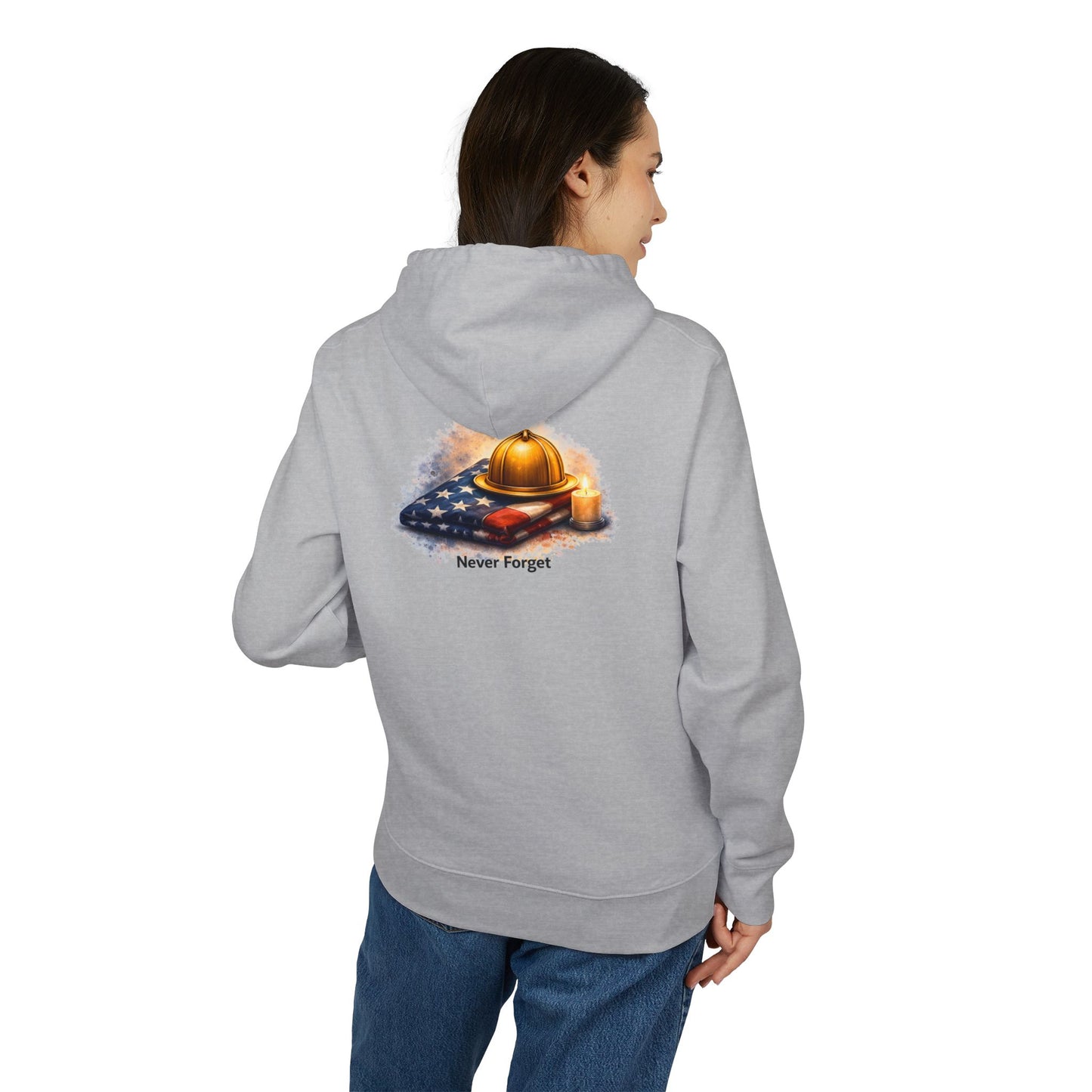 9/11 Never Forget Hoodie — Firefighter Helmet & Flag Tribute