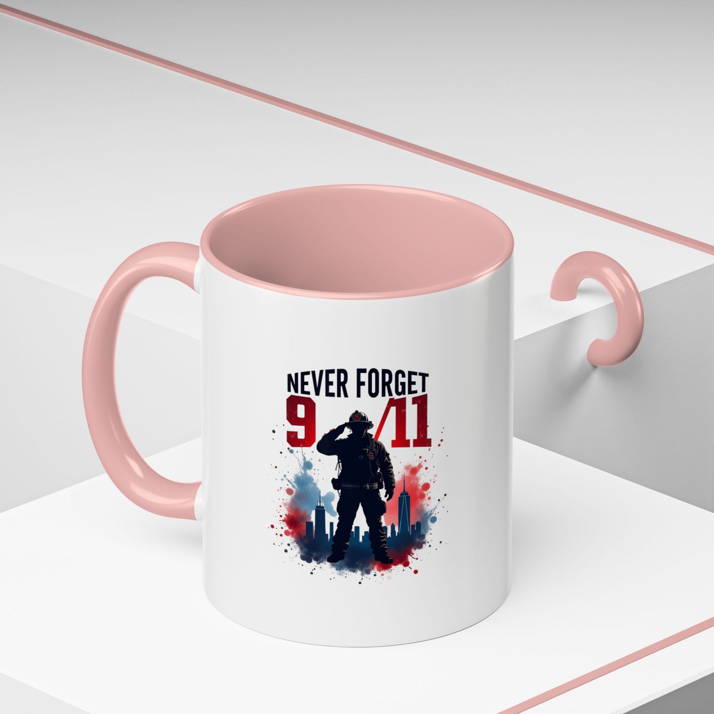 Never Forget 9/11 Accent Coffee Mug — Patriotic Memorial Tribute (11oz, 15oz)