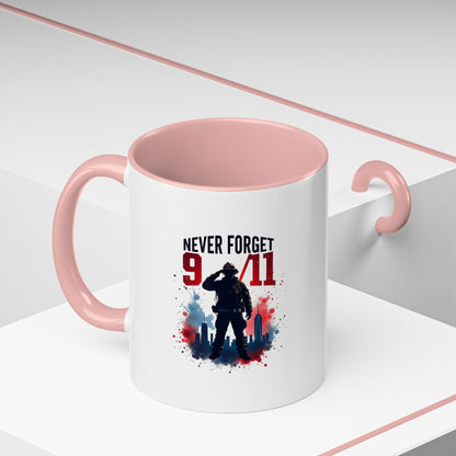 Never Forget 9/11 Accent Coffee Mug — Patriotic Memorial Tribute (11oz, 15oz)