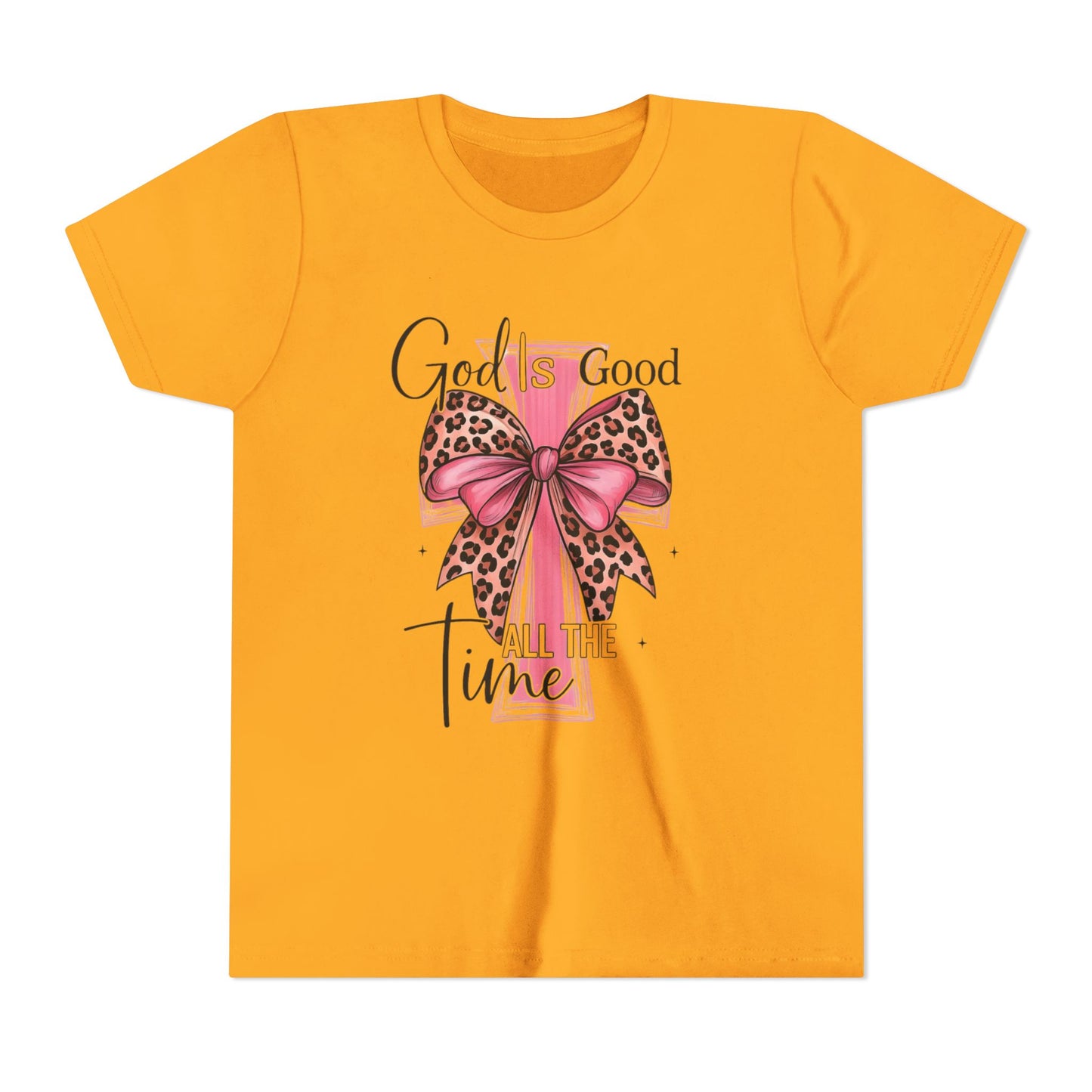 Youth Tee — "God is Good All the Time" Pink Cross with Leopard Bow