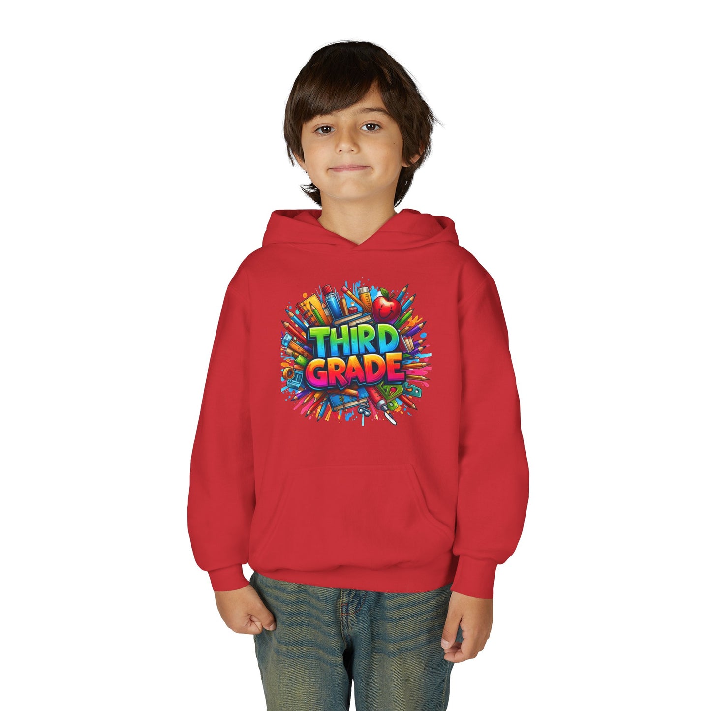 Third Grade Kids Hoodie — Colorful School Supplies Back-to-School Sweatshirt