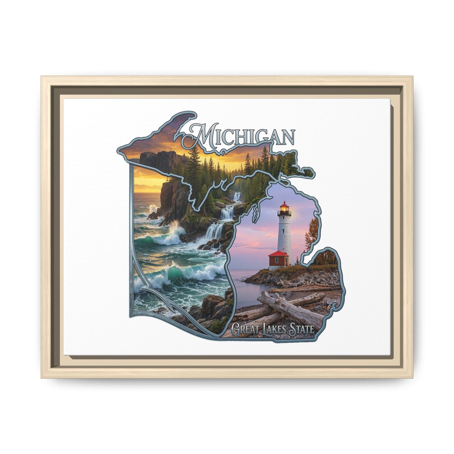 Michigan Framed Canvas Wall Art — Great Lakes State Lighthouse & Shoreline Print