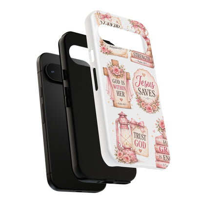 Christian Phone Case — Jesus Saves Floral Tough Case with 'God Is Within Her' & 'Trust God' Design