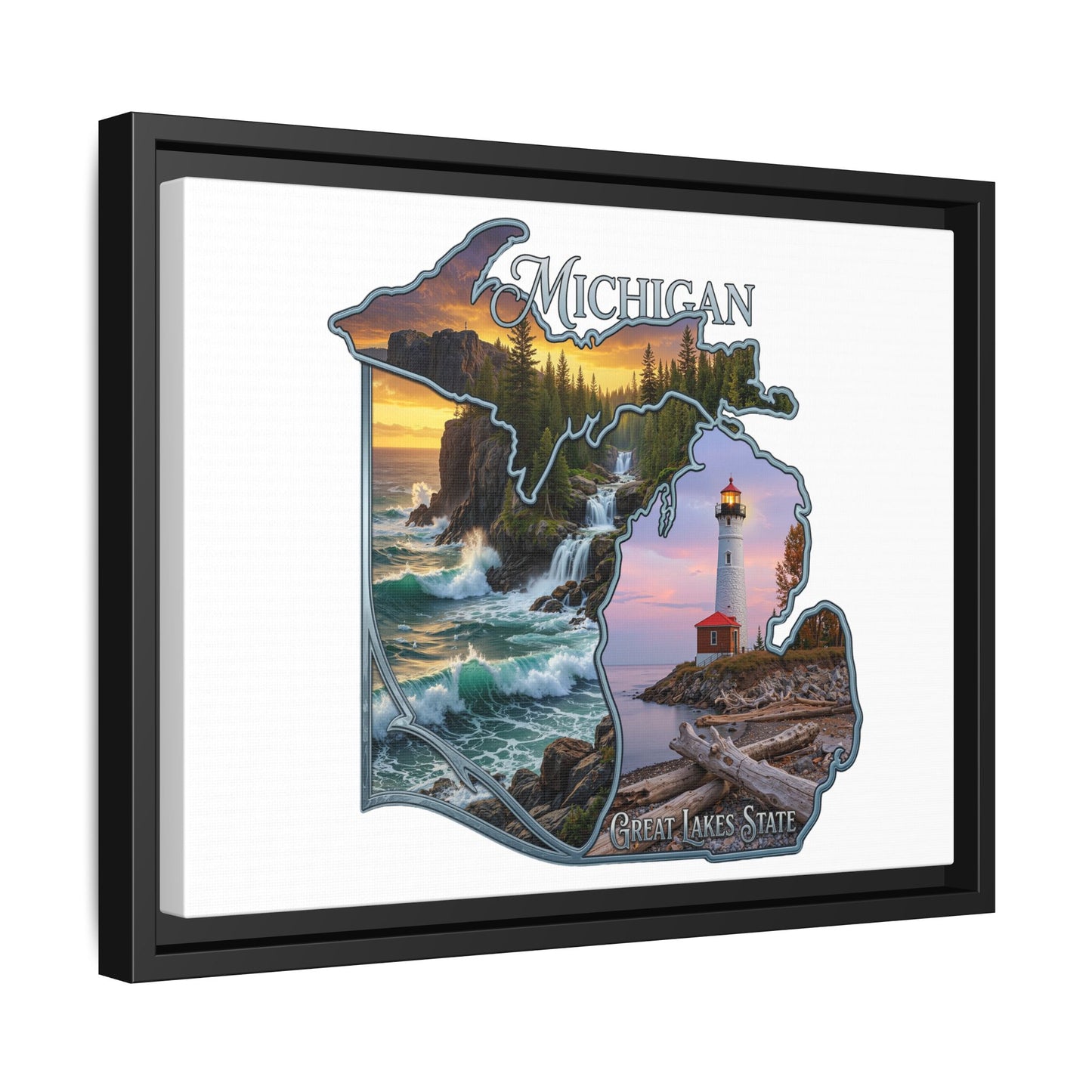 Michigan Framed Canvas Wall Art — Great Lakes State Lighthouse & Shoreline Print