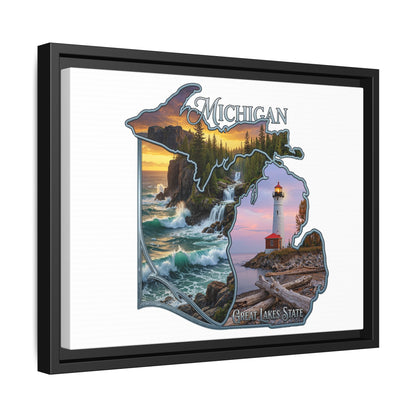 Michigan Framed Canvas Wall Art — Great Lakes State Lighthouse & Shoreline Print
