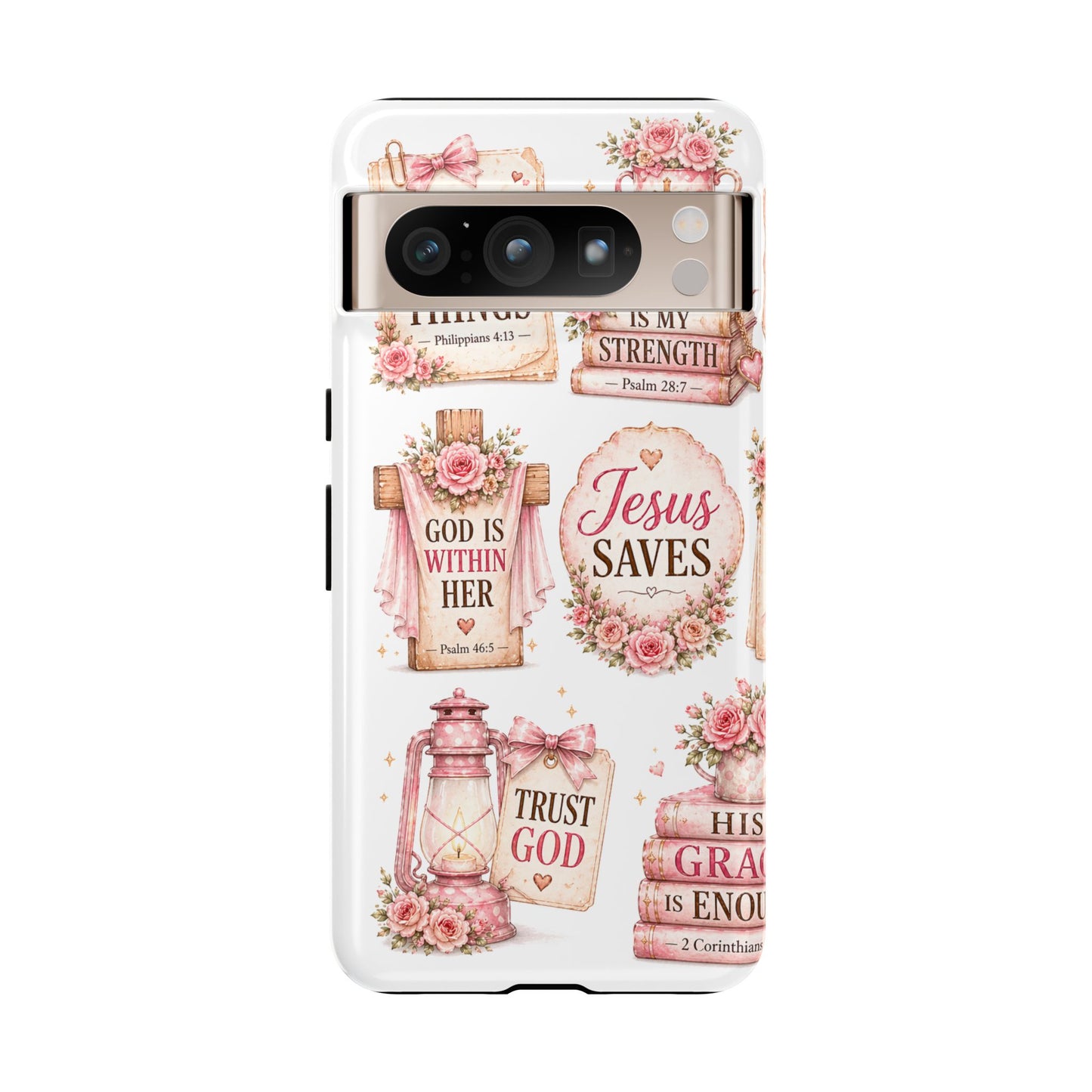 Christian Phone Case — Jesus Saves Floral Tough Case with 'God Is Within Her' & 'Trust God' Design