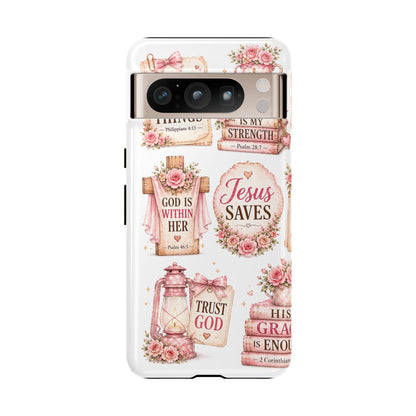 Christian Phone Case — Jesus Saves Floral Tough Case with 'God Is Within Her' & 'Trust God' Design