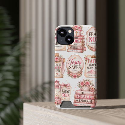 Christian Phone Case with Card Holder — 'Jesus Saves' Floral Scripture Design