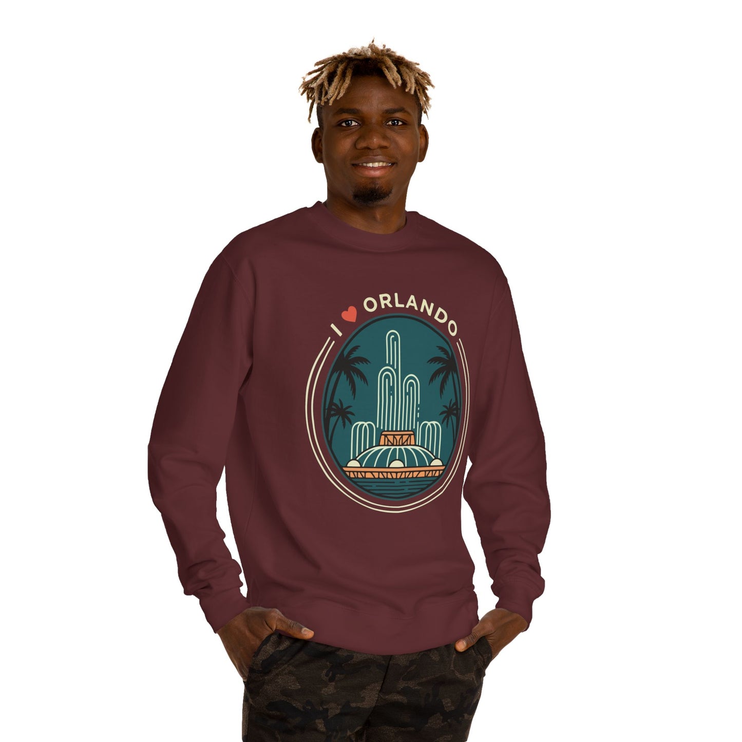 Orlando Fountain Crewneck Sweatshirt — Retro Palm Tree Cityscape