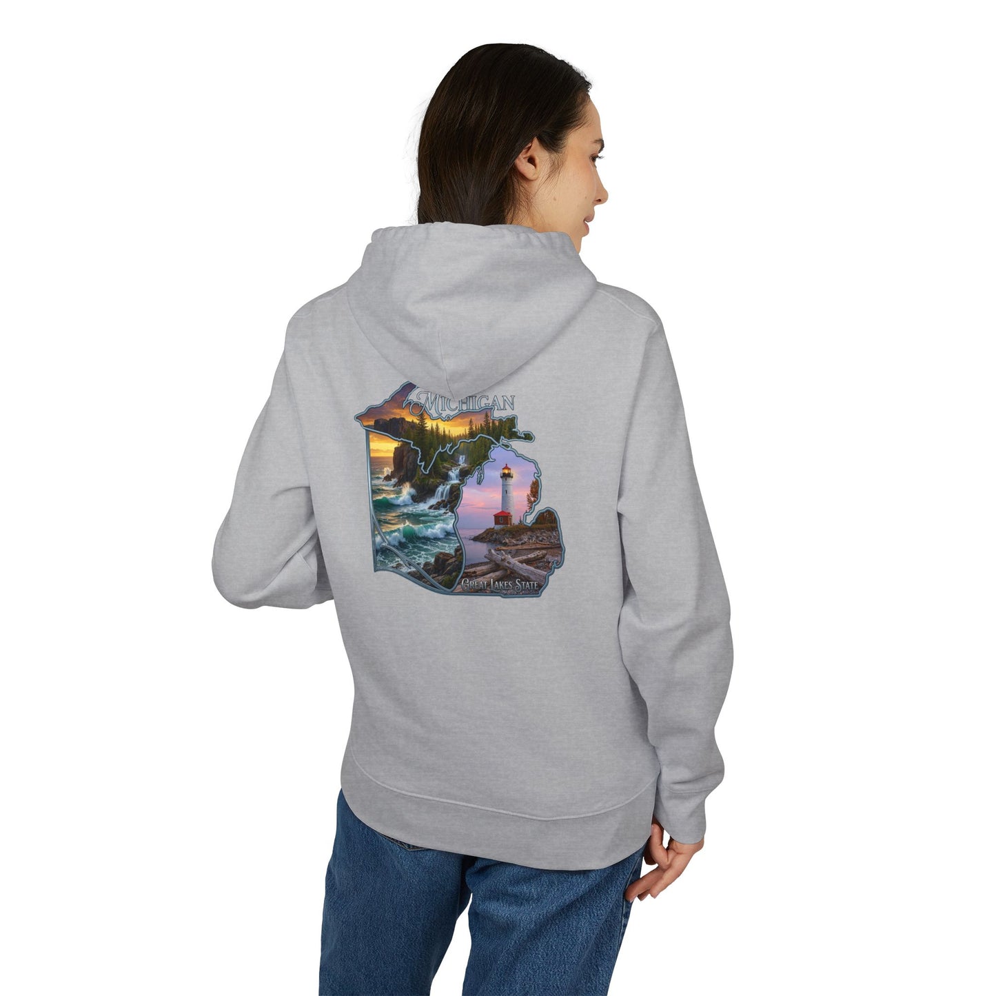 Michigan Lakeshore Hoodie — Scenic Lighthouse Sunset State Silhouette