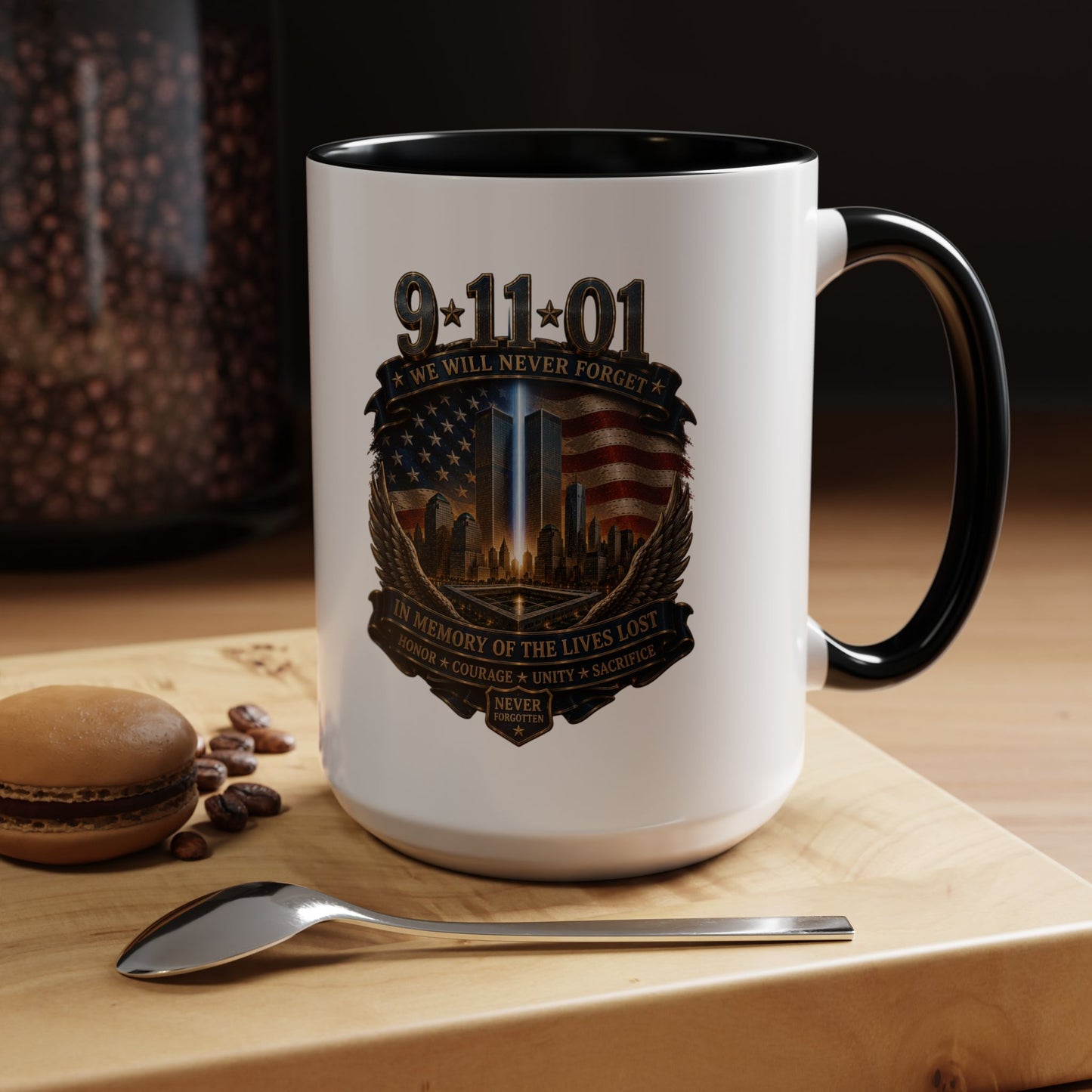 9/11 Memorial Coffee Mug — 'We Will Never Forget' Tribute Accent Mug