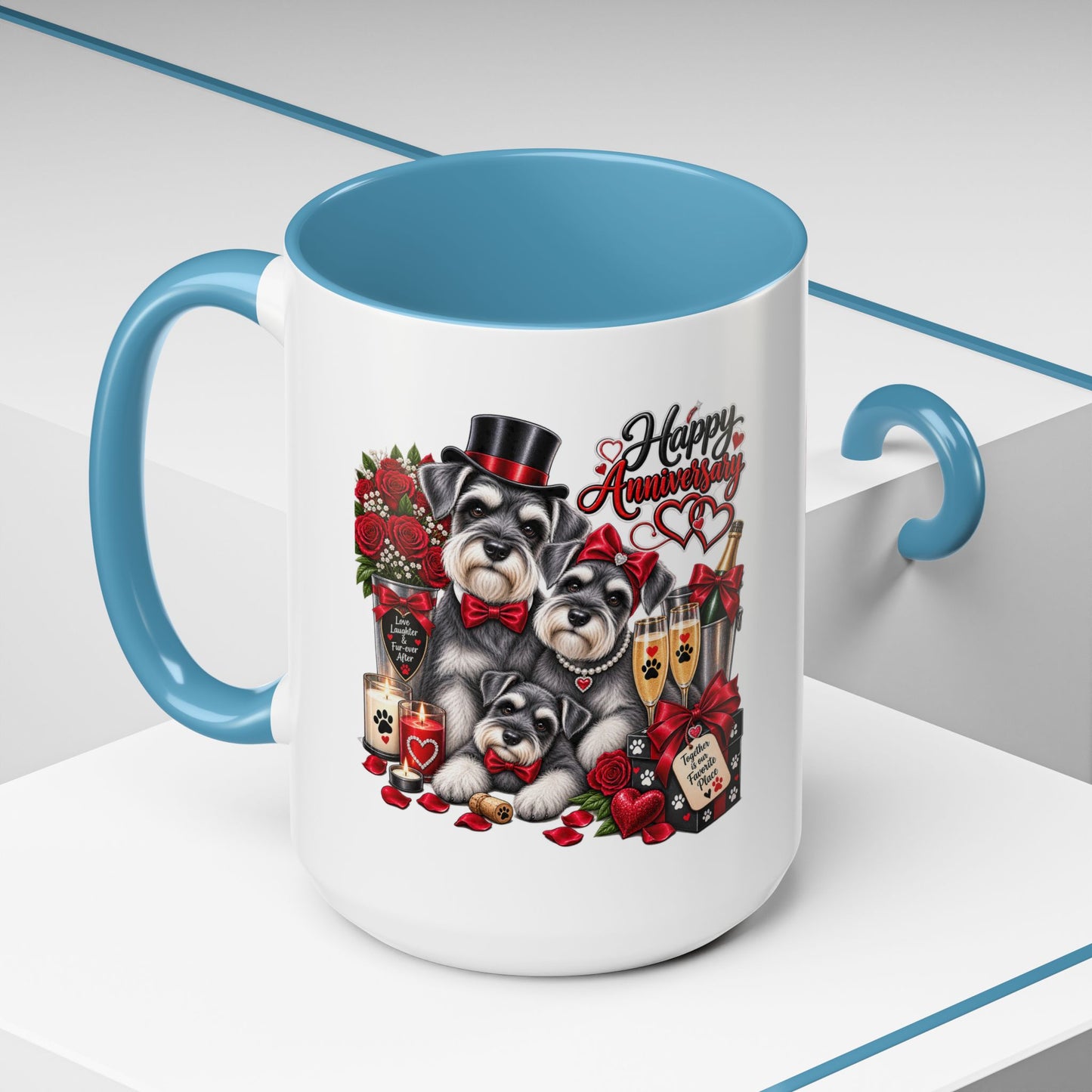 Happy Anniversary Dog Coffee Mug — Cute Pups, Champagne & Roses Accent Mug
