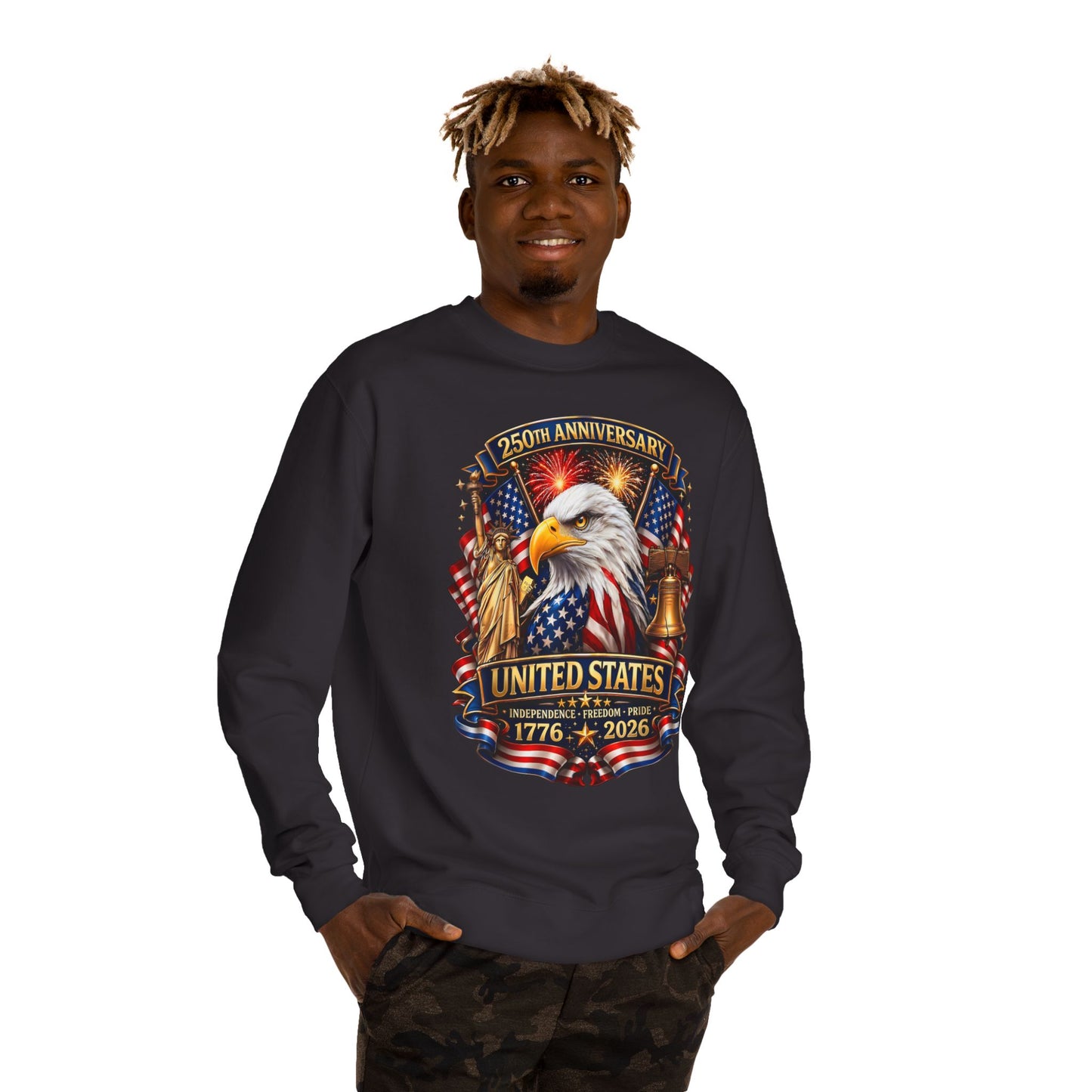 250th Anniversary United States Crewneck Sweatshirt — Eagle & American Flag 1776–2026
