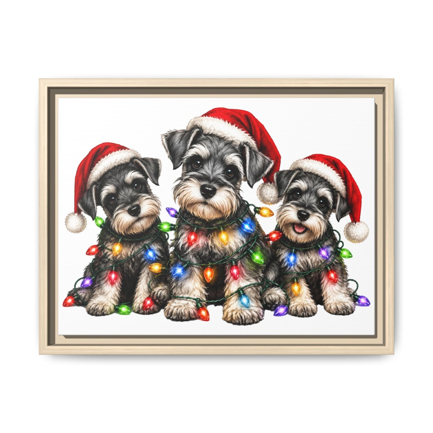 Christmas Schnauzer Canvas Print — Festive Puppies in Santa Hats (Matte Framed)