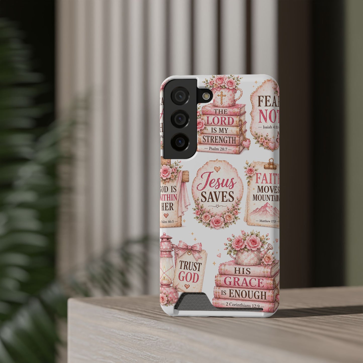 Christian Phone Case with Card Holder — 'Jesus Saves' Floral Scripture Design