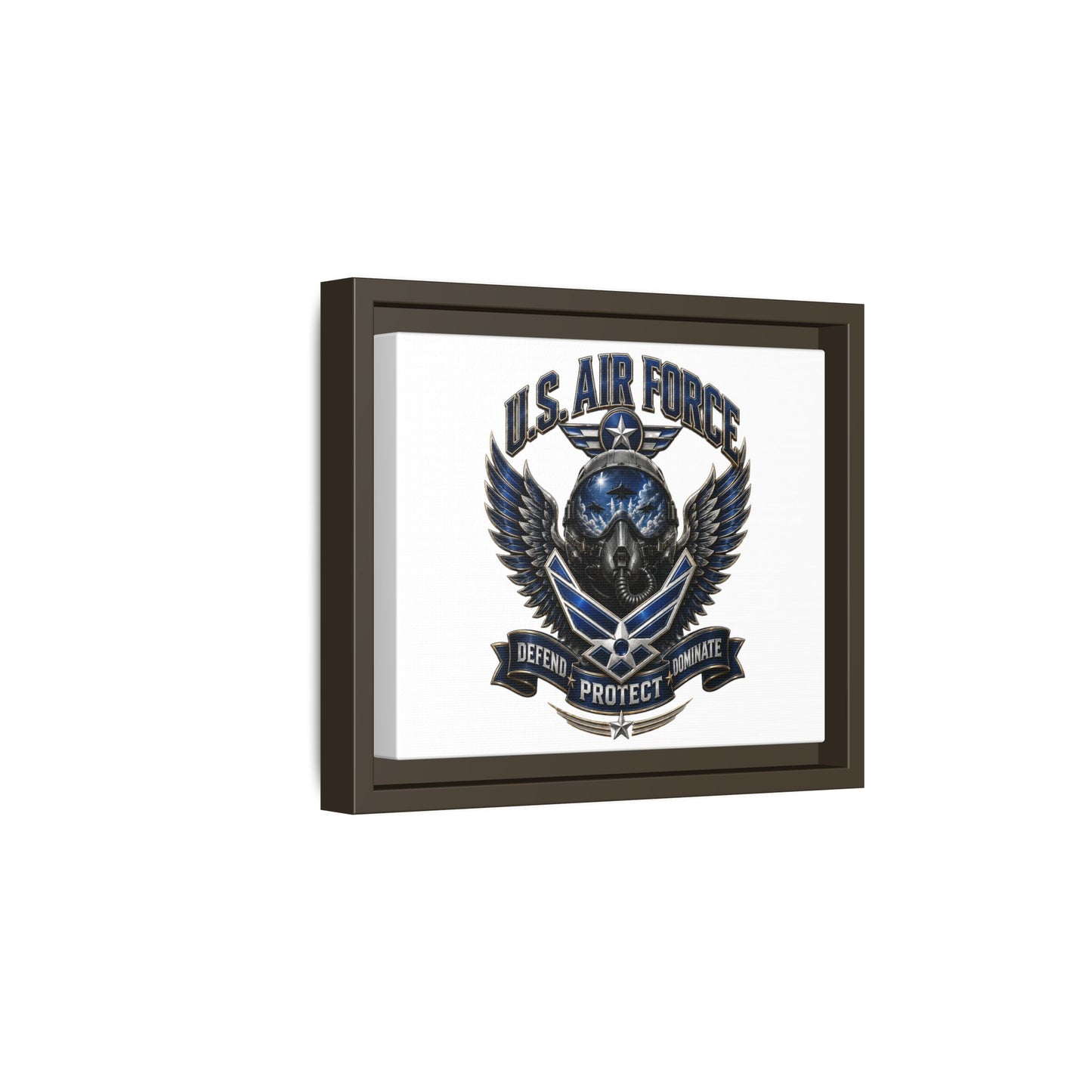 U.S. Air Force Emblem Framed Canvas Print – "Defend Protect Dominate" Military Wall Art