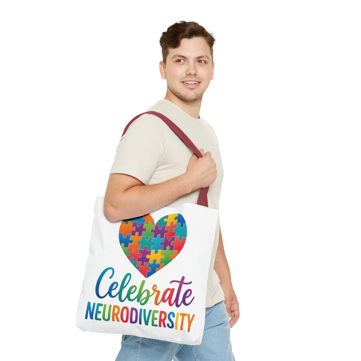 Celebrate Neurodiversity Tote Bag – Rainbow Puzzle Heart Awareness Tote