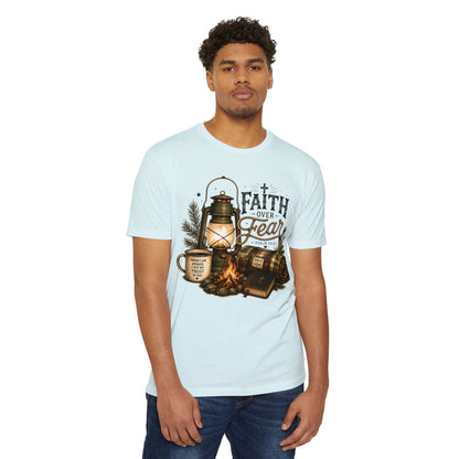Faith Over Fear T-Shirt — Christian Camping Lantern & Bible Graphic