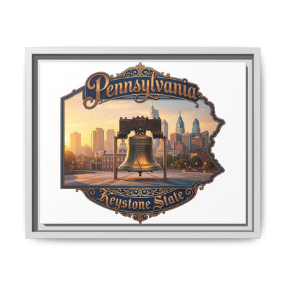 Pennsylvania Keystone State Framed Canvas Wall Art — Liberty Bell & Philadelphia Skyline
