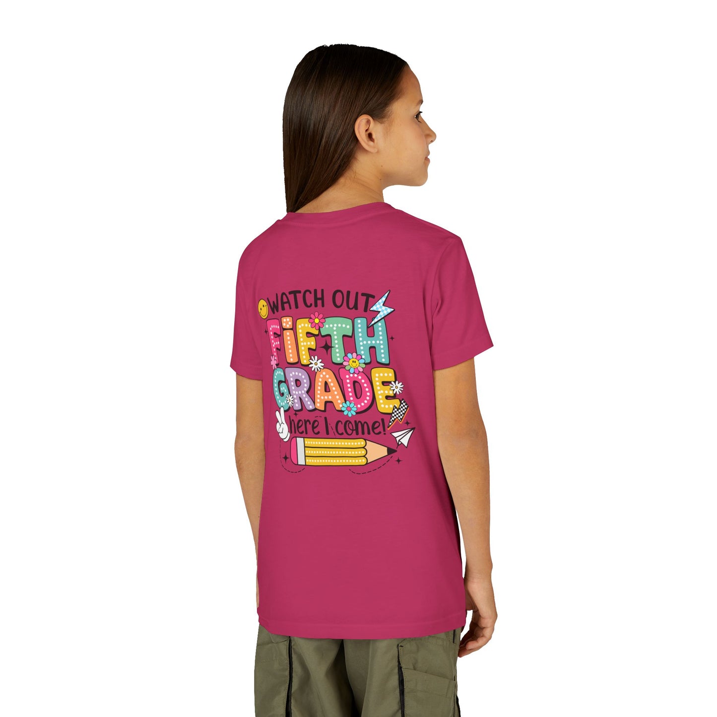 Fifth Grade Here I Come Youth Tee — Colorful Back-to-School Kids Shirt