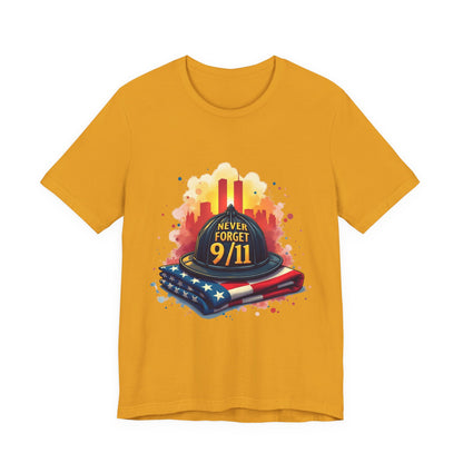 Never Forget 9/11 Memorial T-Shirt — Firefighter Helmet & Flag Tribute Tee