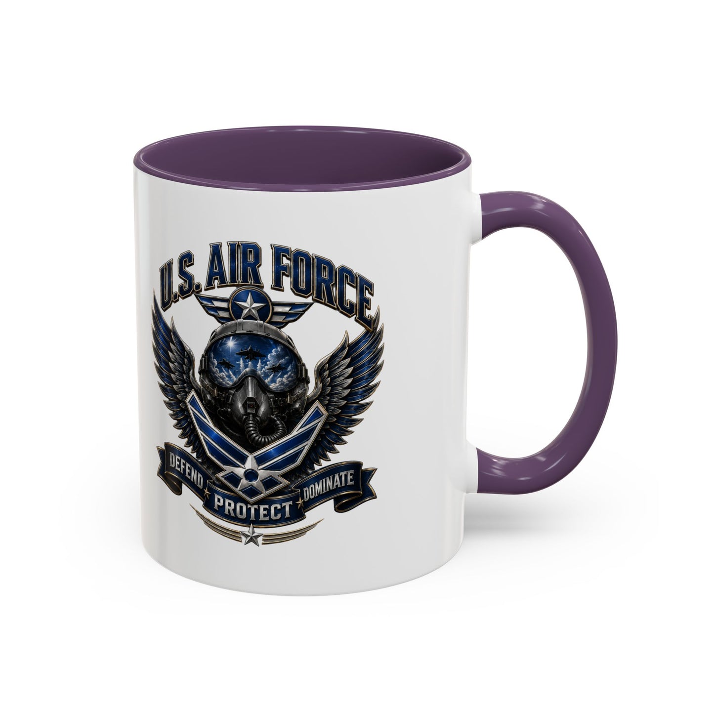 U.S. Air Force Emblem Accent Coffee Mug — Defend Protect Dominate (11/15oz)