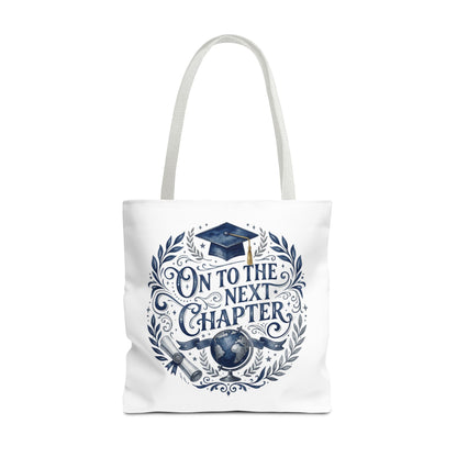 Graduation Tote Bag — "On to the Next Chapter" Cap & Globe Gift Tote
