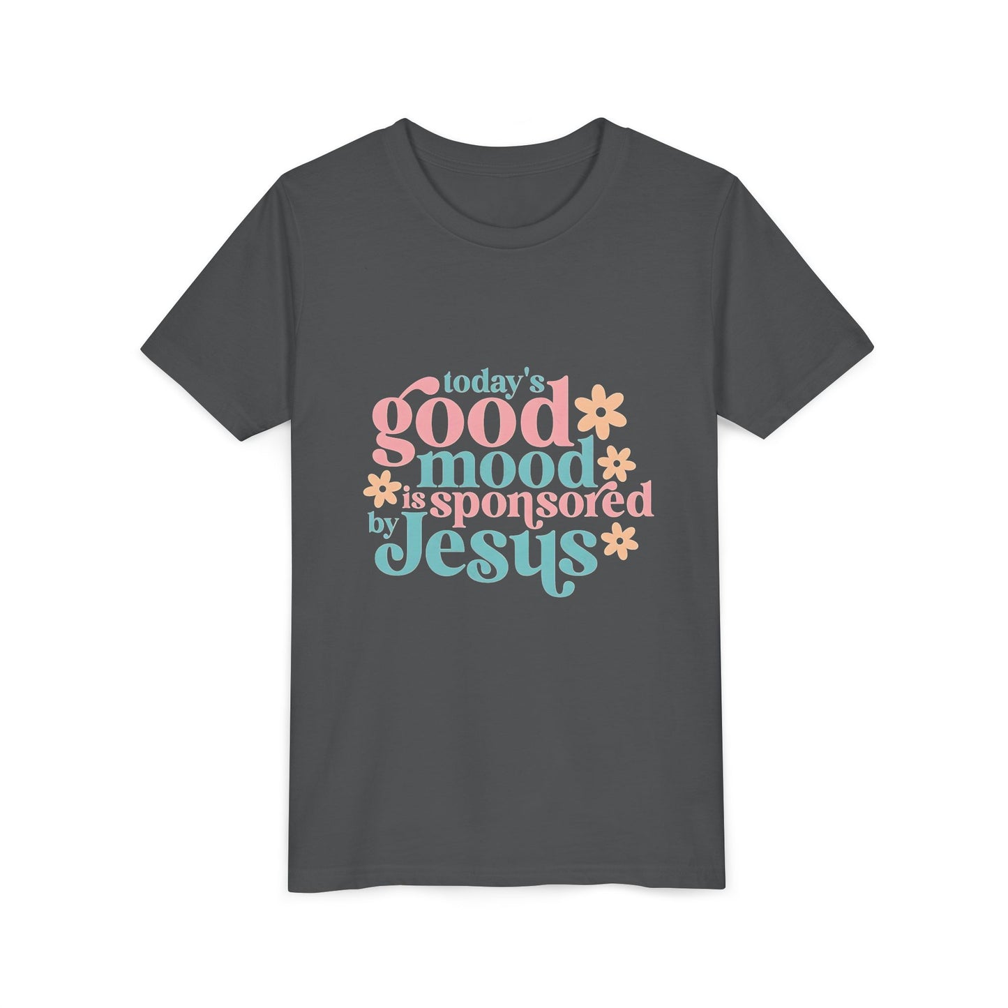 Youth Tee – "Today's Good Mood is Sponsored by Jesus" Retro Floral Christian Shirt
