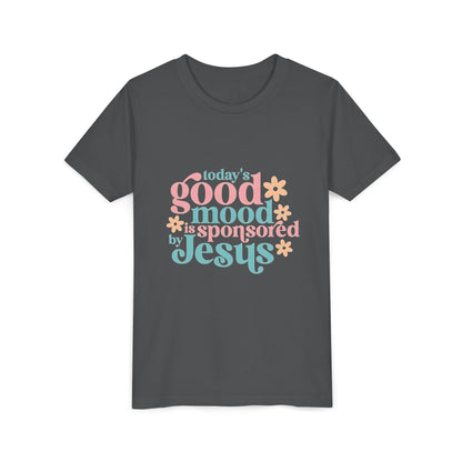 Youth Tee – "Today's Good Mood is Sponsored by Jesus" Retro Floral Christian Shirt