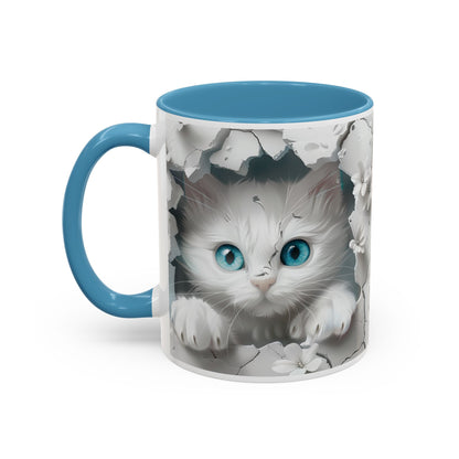 Cute Blue-Eyed Kitten Accent Coffee Mug – Floral Peekaboo Cat Design (11/15 oz)