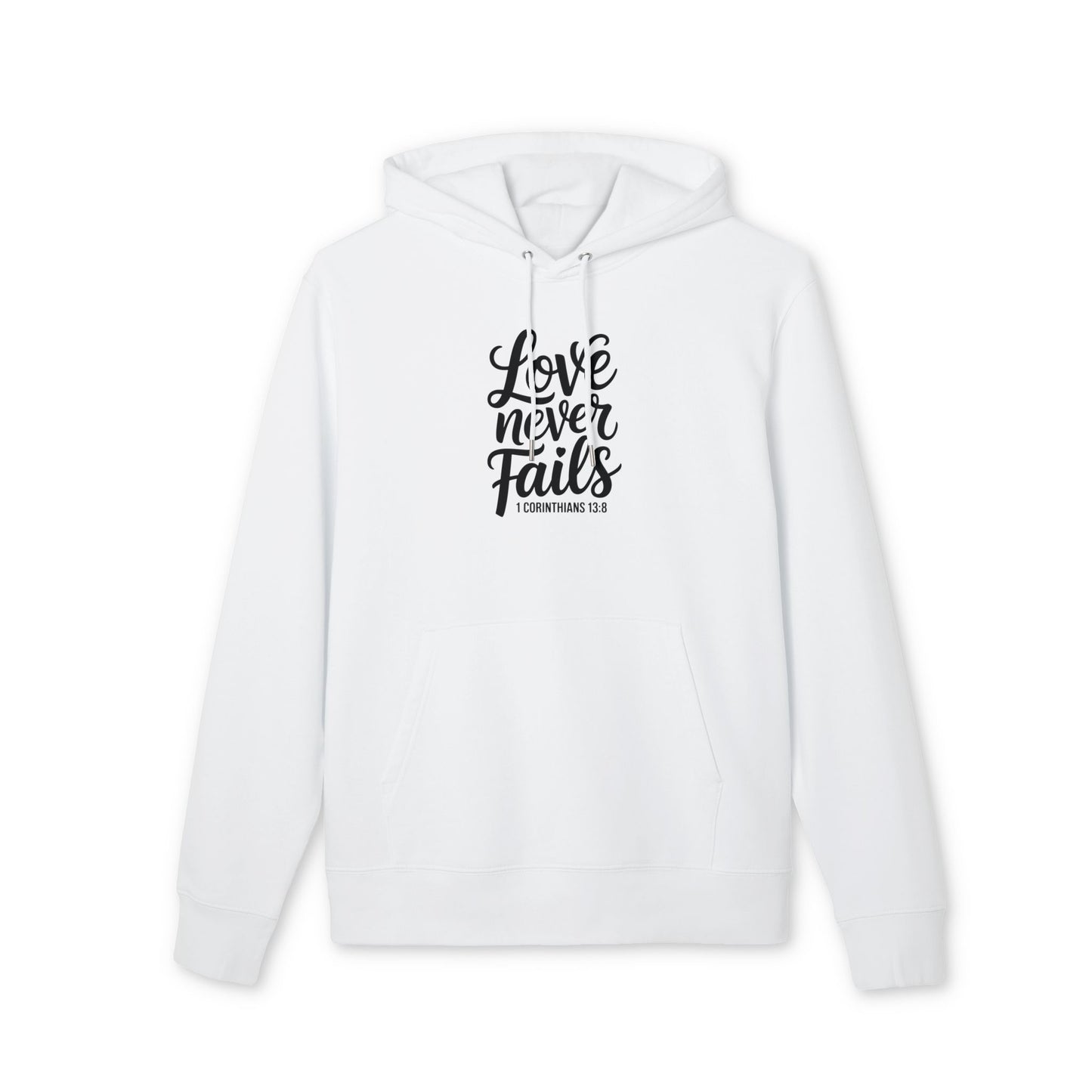 Love Never Fails Hoodie — Christian Scripture 1 Corinthians 13:8 Pullover