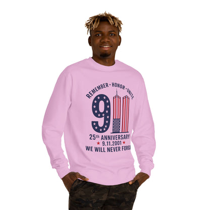 9/11 Remembrance Crewneck Sweatshirt — 25th Anniversary "We Will Never Forget"