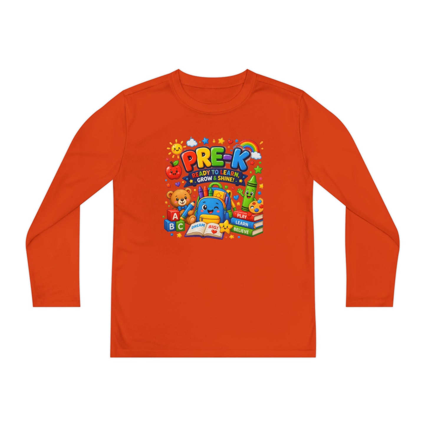 PRE-K Kids Long Sleeve Tee — Back-to-School Preschool Shirt ("Ready to Learn, Grow & Shine")