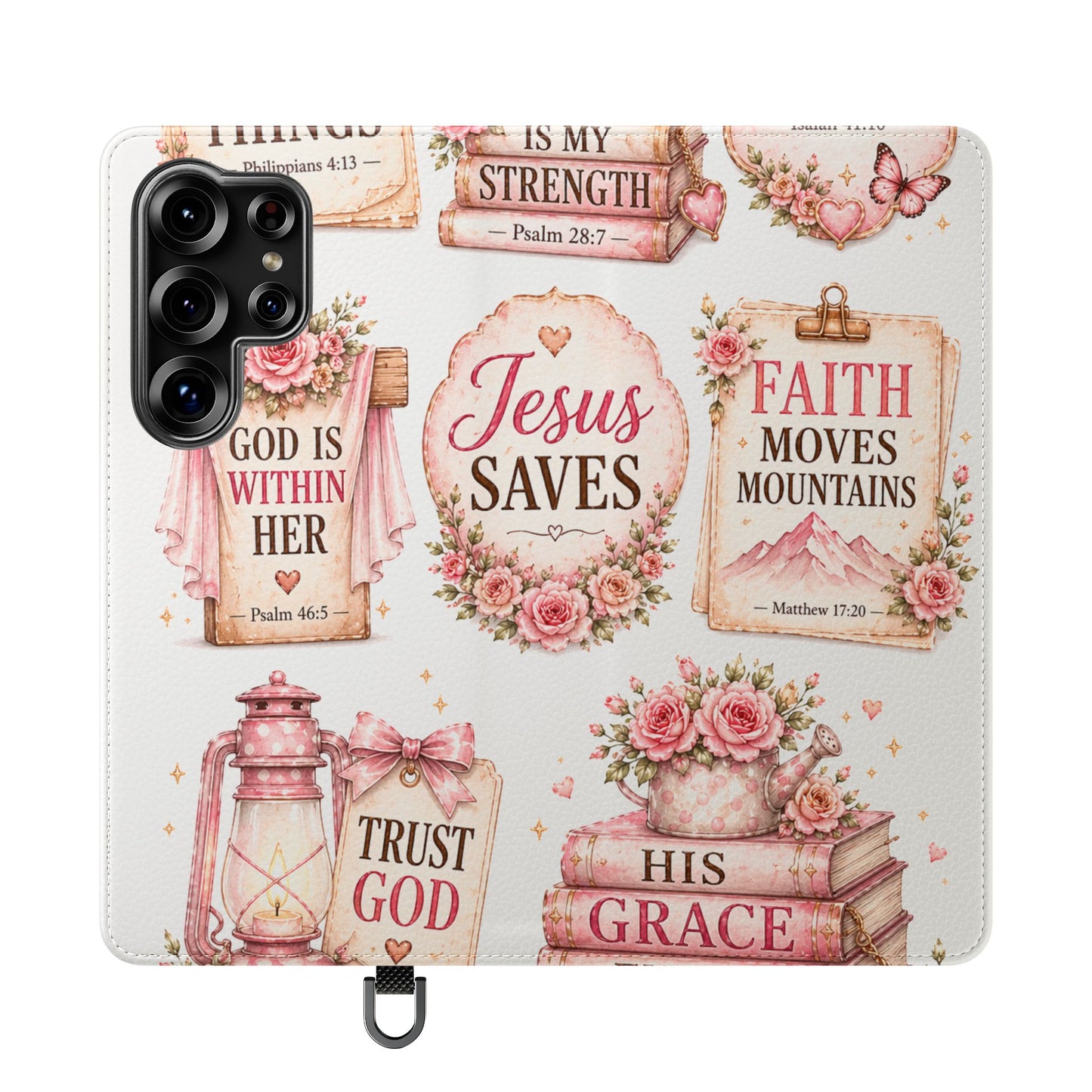 Christian Floral Phone Flip Case — "Jesus Saves" & Inspirational Scripture Wallet Cover