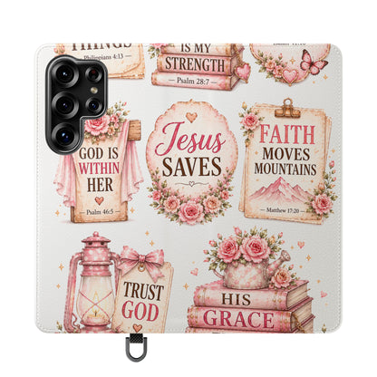 Christian Floral Phone Flip Case — "Jesus Saves" & Inspirational Scripture Wallet Cover